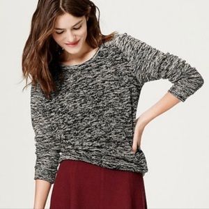LOFT Marled Terry Raglan Sweater. Size Small. Boxy. Black/white pattern.